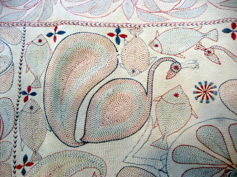 Fine running-stitch kantha with paisleys