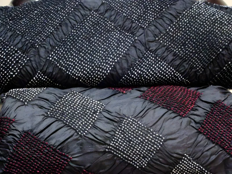 Black-and-white bandhani silk, hand-knotted