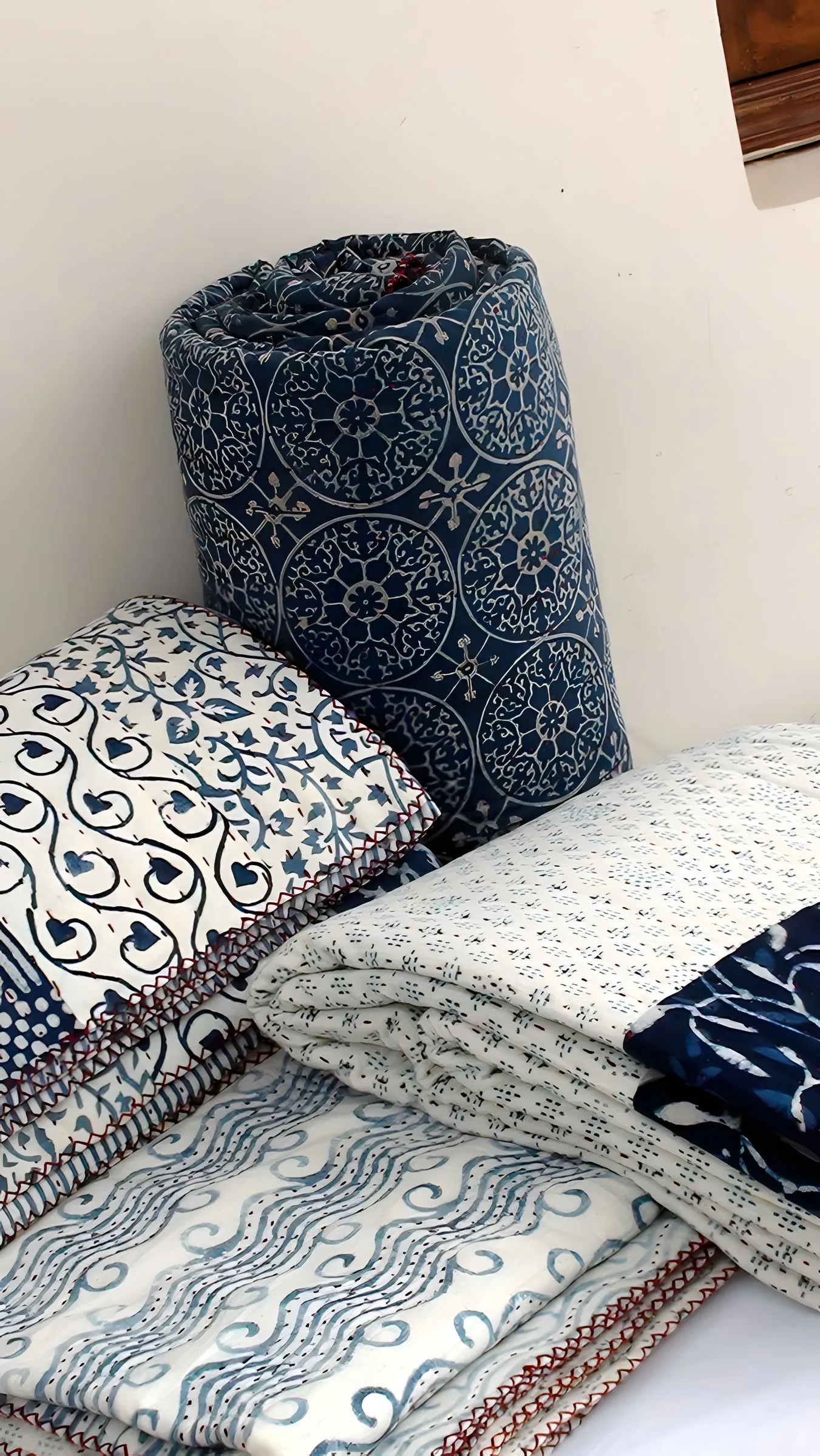 Hand-quilted indigo kantha quilt