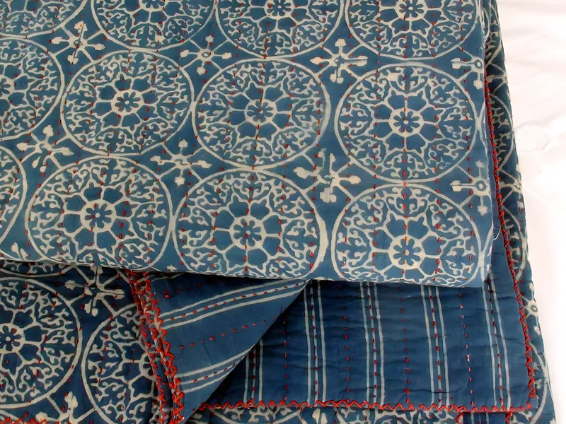 Indigo block-print hand-stitched quilt