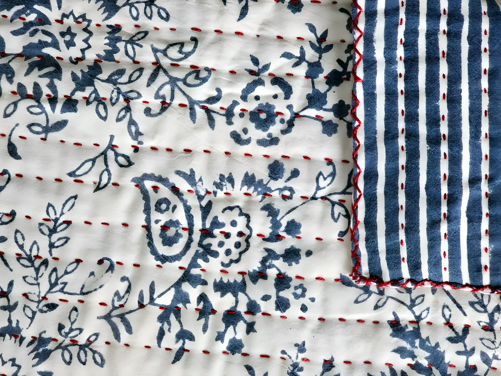 New for 2026: hand-quilted indigo paisley bedcover with striped reverse