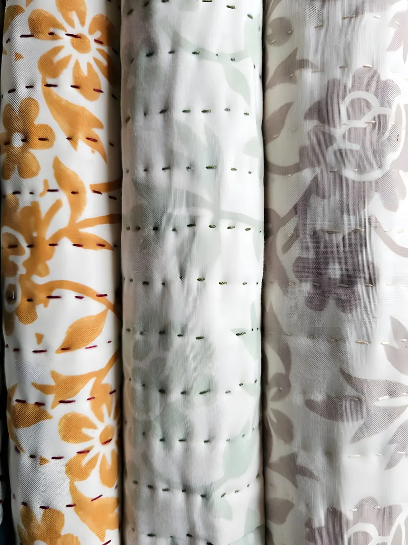 New for 2026: mustard, stone and taupe block-print quilts