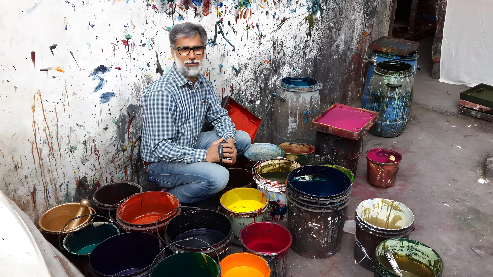 Sohel Weldingwala among the dye pots at a printing workshop, 2014
